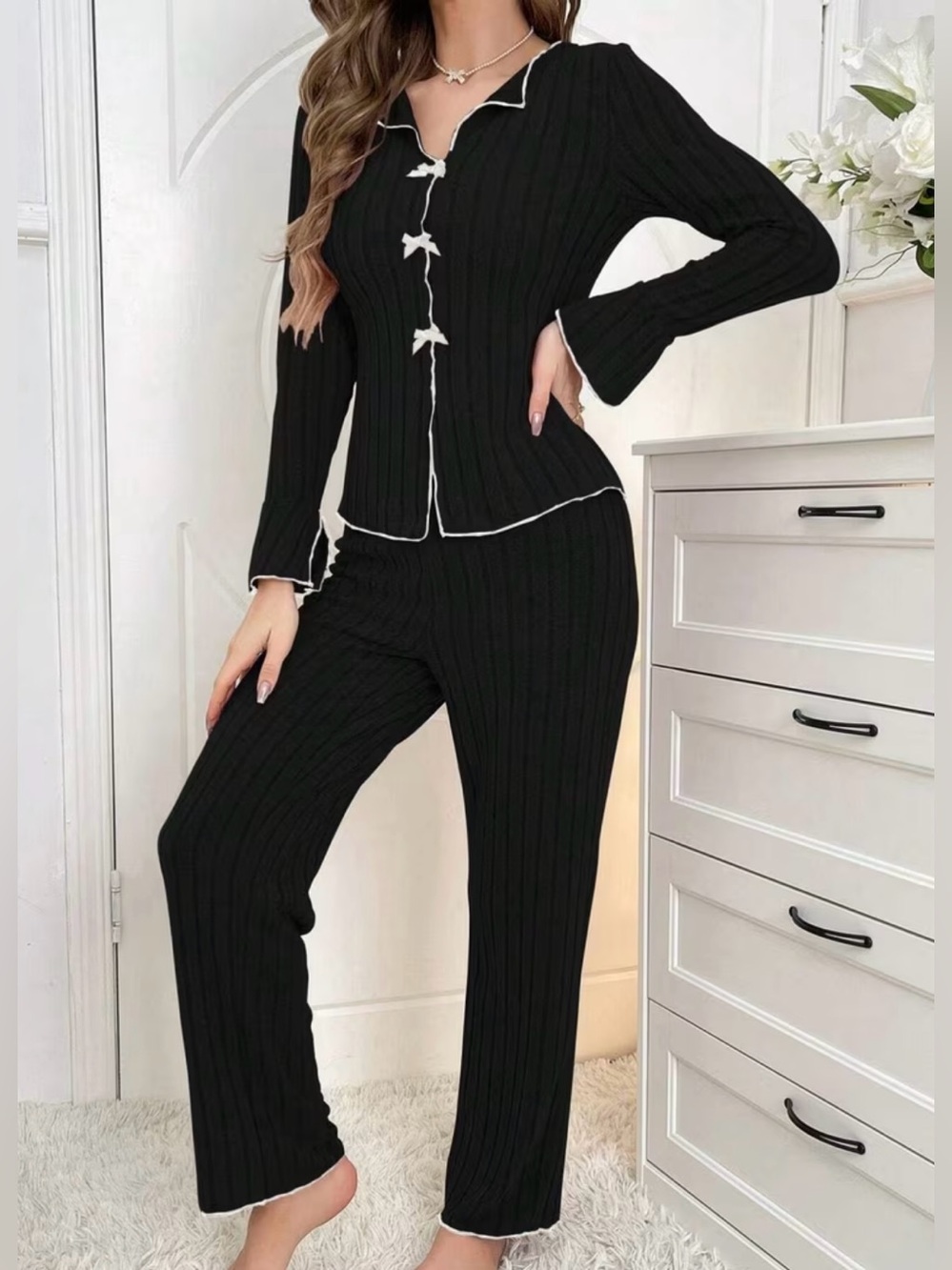 Women’s Ribbed Pajama Set Black with White Trim Top and Pants Size L